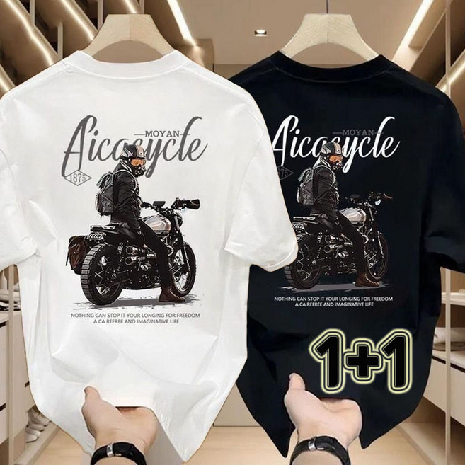 JUSTFEELING 2장세트 (1+1) 빅사이즈 S-5XL 남성용 오토바이 프린트 반팔 티셔츠 박시핏 영문티 여름용 그래픽 티 셔츠 상의