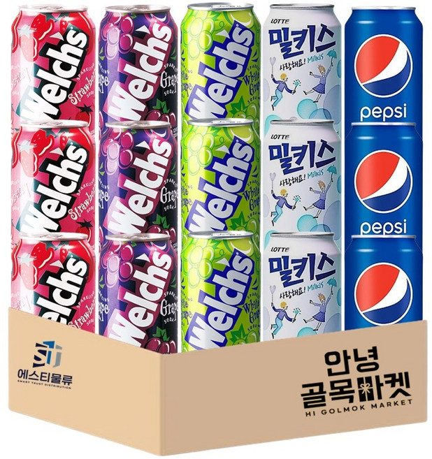 [안녕골목마켓] 웰치스 포도3+청포도3+딸기3+펩시 콜라3+밀키스3, 1세트, 355ml