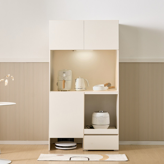 가이온 크렘 광폭 주방수납장 렌지대 광파오븐수납 틈새장 빌트인 냉장고옆 수납장, 크렘 LED 로봇청소기 수납 주방수납장/크림