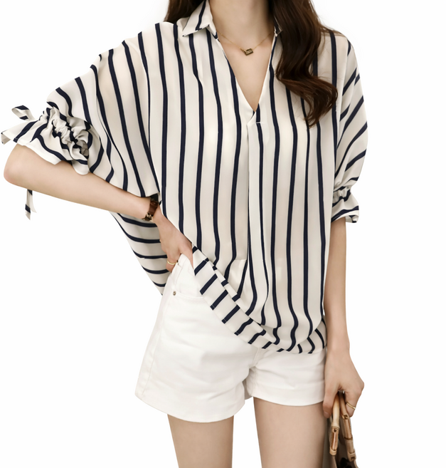 MINA STYLE 여성 여름 스트라이프 루즈핏 브이넥 반팔 블라우스 셔츠