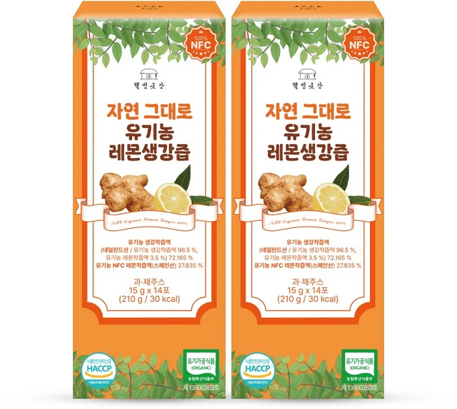 웰빙곳간 자연 그대로 유기농 레몬 생강즙 NFC 착즙, 2개, 210g - 쿠팡