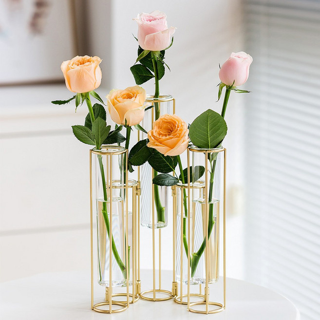 VITALO 이케바나 실린더 베이스 5구 화병 플라워 꽃병 인테리어 소품 꽃꽂이, PGC_골드프레임+투명유리