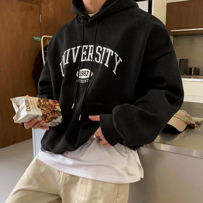 ANYOU 봄 남성용 두꺼운 후디 맨투맨 오버핏 부드러운 코튼 스웨트셔츠 2color