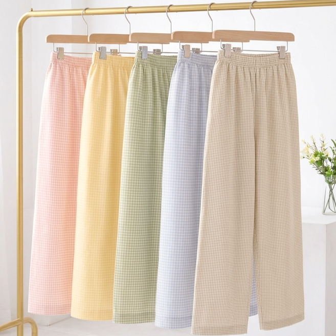 WHYONABLE 밀키 컬러 잔체크 파자마 팬츠 부드럽고 가벼운 여성 여름 잠옷바지 수면바지
