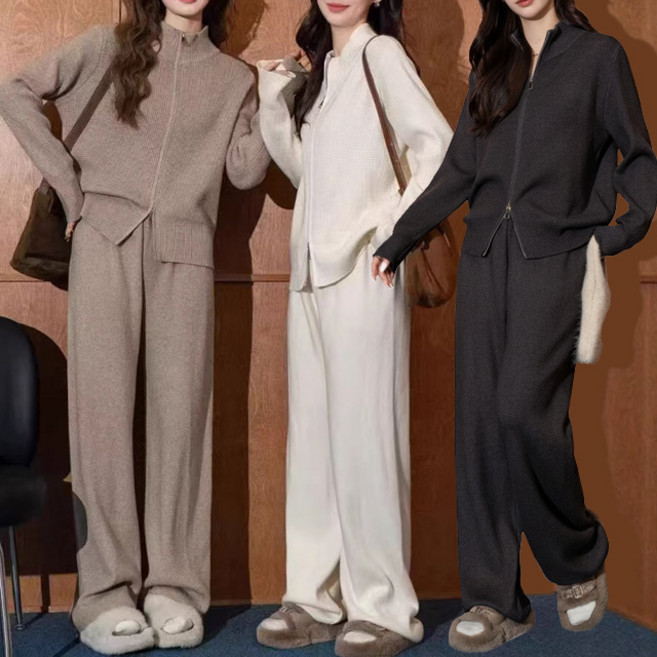 스토리원 WM-FWTP004 여성 하이넥 와플집업 팬츠 니트셋업