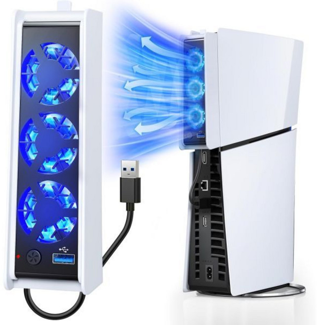PS5 슬림 디지털디스크용 FASTSNAIL 냉각 팬 온도 센서로 자동 속도 조절 가능 매뉴얼 2개 및 USB 3.0 허브 LED 조명 콘솔용 쿨러 시스템 액세서리, PS5 Slim/White