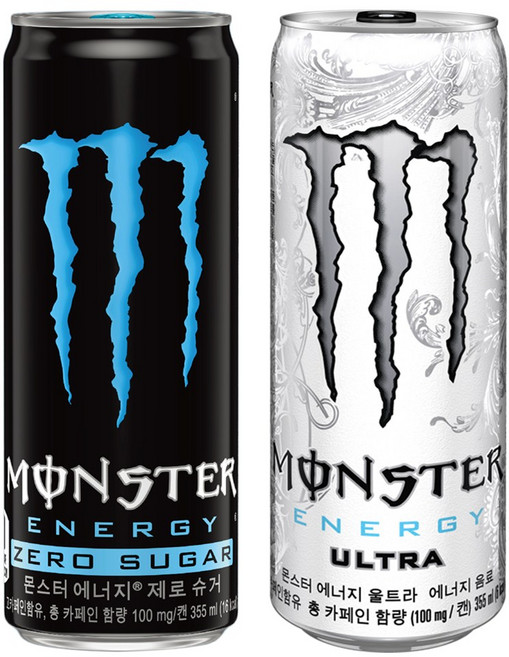 몬스터 에너지드링크 울트라(흰) + 제로슈거(검파) 355ml x 24캔(반반) 1박스 몬스터캔, 제로 슈거 12캔+울트라 12캔, 24개