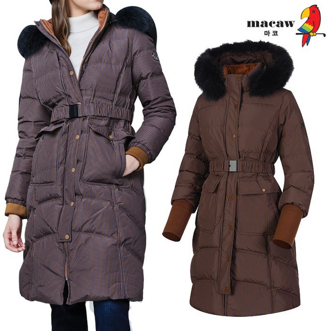 (여성)체크 패턴 퍼 후드 롱 구스다운 점퍼_MMW4DJ23