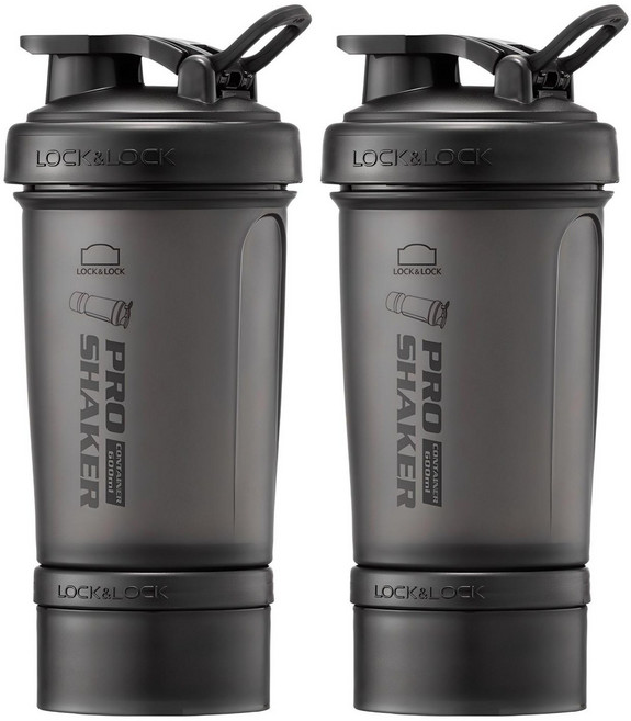 프로쉐이커 락앤락 쉐이크 보틀 600ml + 컨테이너 140ml, 매트블랙, 2개