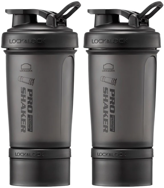 프로쉐이커 락앤락 쉐이크 보틀 600ml + 컨테이너 140ml, 매트블랙, 2개 - 쿠팡