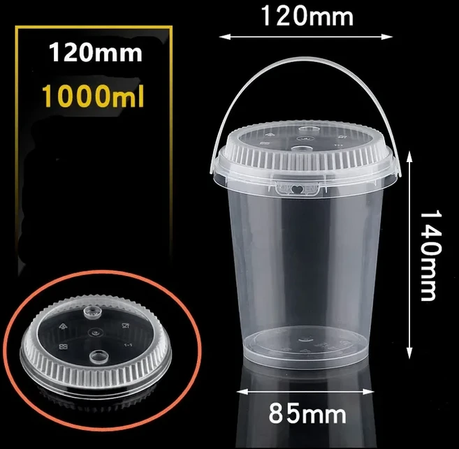 일회용 투명 플라스틱 컵 머그잔 뚜껑 손잡이가 있는 배럴 컨테이너 보관 버킷 커피 주스 차 PVC, 02 100 pcs, 04 1000ml