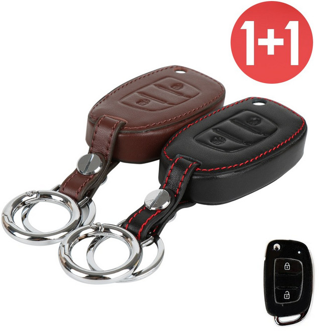 바이어블 1+1 현대 호환 포터2 호환 2버튼 폴딩 키 가죽 케이스, 브라운+카멜