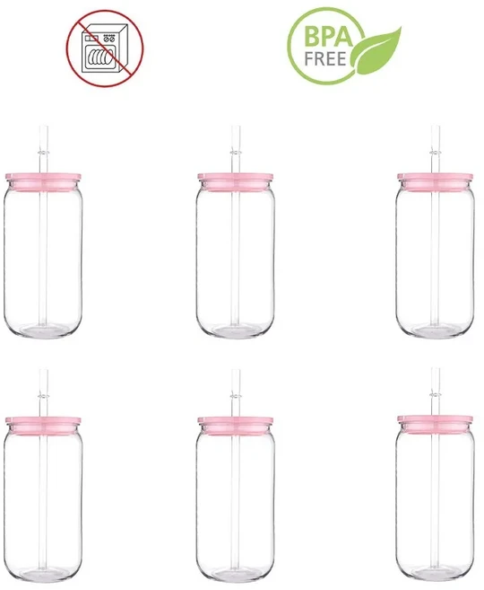 컬러 뚜껑이 있는 투명 플라스틱 빨대 컵 BPA 프리 및 포함 우유 커피 던지기 방지 16 OZ 개, 05 6 Solid Pink