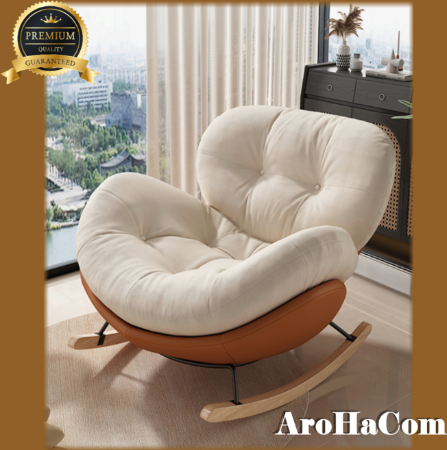 아로하닷컴 흔들의자 안락의자 무중력 암 편한 1인안락 스윙 독서 의자, 오프화이트 벨벳/오렌지, 1개
