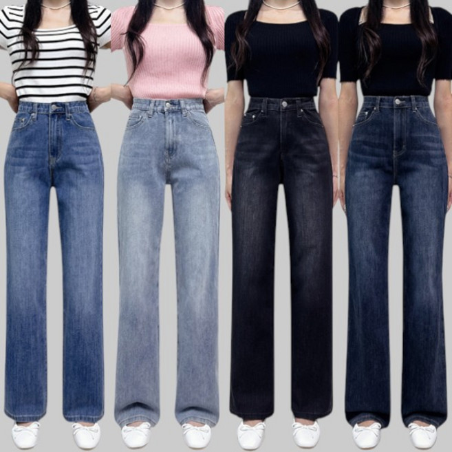제이엠스타일 [숏 중 롱/~4컬러] S~2XL 봄 가을 여성 스판 와이드 청바지 허리밴딩 빅사이즈 여자 와이드팬츠 일자 바지 키작녀 키큰녀 여름 겨울 사계절
