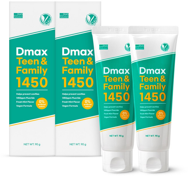 듀오솔루션 디맥스 주니어&청소년 온가족 패밀리치약 1450ppm 고불소 틴앤패밀리 임산부 비건치약 민트향, 2개, 90g