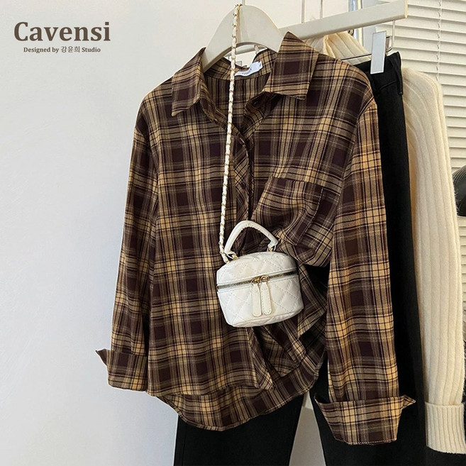 【Cavensi】復古長袖襯衫 格紋襯衫 女 中性風 寬鬆