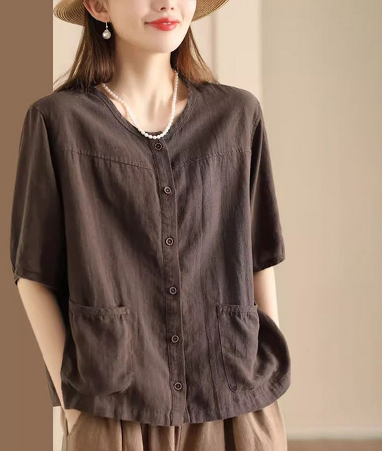 여름 중년 여성 캐주얼 솔리드 라운드넥 반팔 블라우스 카디건