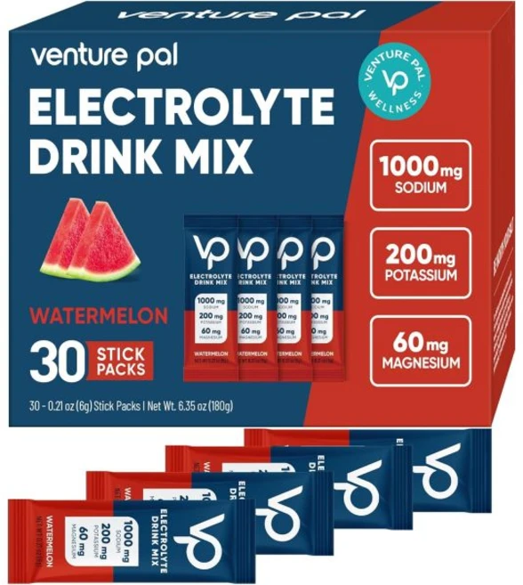 스포츠 운동 음료 믹스 파우더 Venture Pal 벤처 팔 고나트륨 무설탕 전해질 포켓 나트륨 칼륨 마그네슘이 함유된 수분 공급 제로 칼로리 비건 케토 팔레오 친화적 30개입, V1-수박 소금, 6 온스 (30개 묶음) - 쿠팡