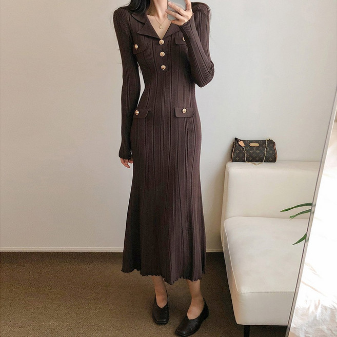 요시아나 [당일발송] 오르딘 금장단추 골지 니트 롱원피스 2컬러