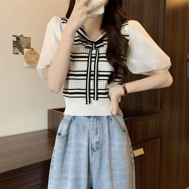 AURALA 여성 스트라이프 니트 여름 패션 스쿨룩 세일러 넥 퍼프 슬림 톱