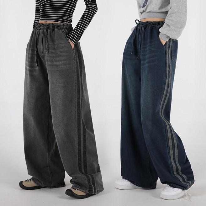 오버나인 여자 여성 벌룬 숏기장 롱기장 허리밴드 빈티지 트랙 두줄 와이드 데님 팬츠 청바지 통바지