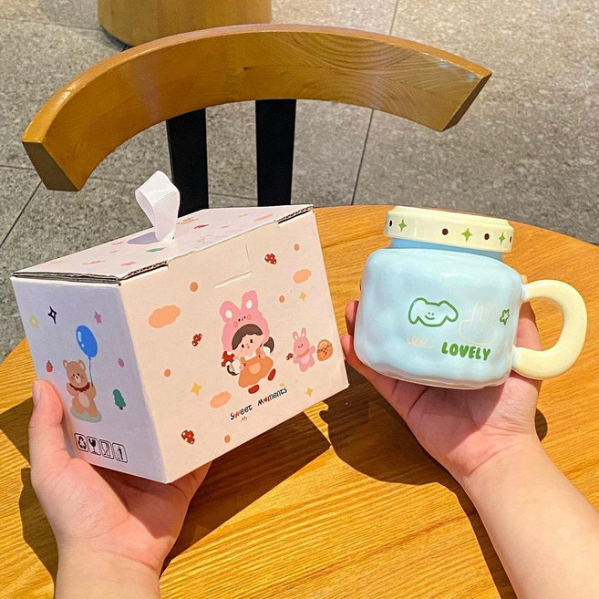 可愛陶瓷馬克杯 附蓋 杯子套裝, 1個, 奶油綠 enjoy ,杯+蓋