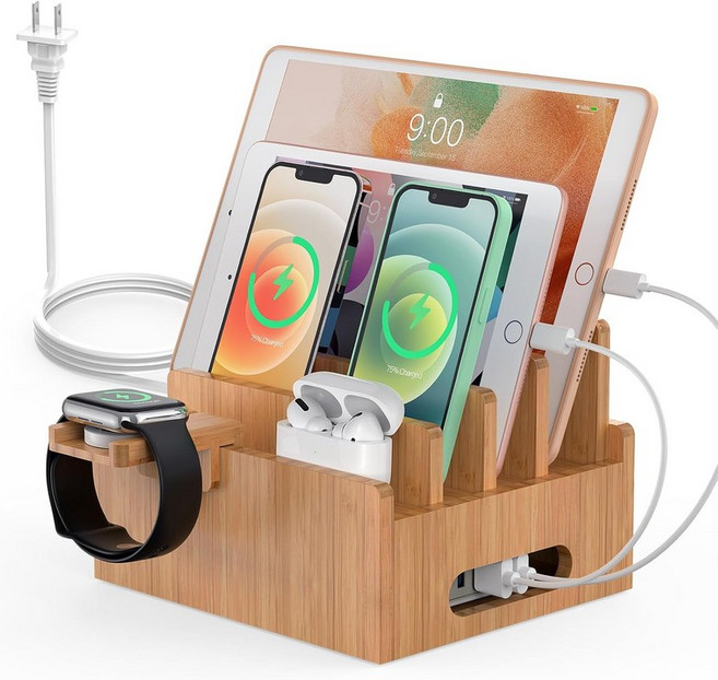 5포트 USB 충전기 5개의 케이블 스마트 워치 및 이어버드 스탠드 데스크 도킹 스테이션 휴대폰용 전자 정리함 태블릿을 갖춘 여러 장치용 페진 & 훌린 대나무 충전소, With Charger