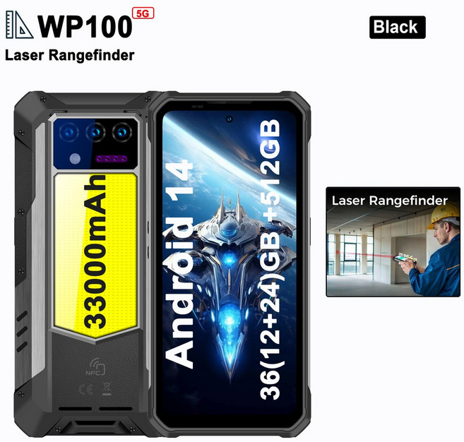 오키텔 WP100 5G 러기드 레이저 거리측정기 33000mAh 스마트폰 36(12+24)GB+512GB 66W 안드로이드14 휴대폰, 02 WP100, 512GB