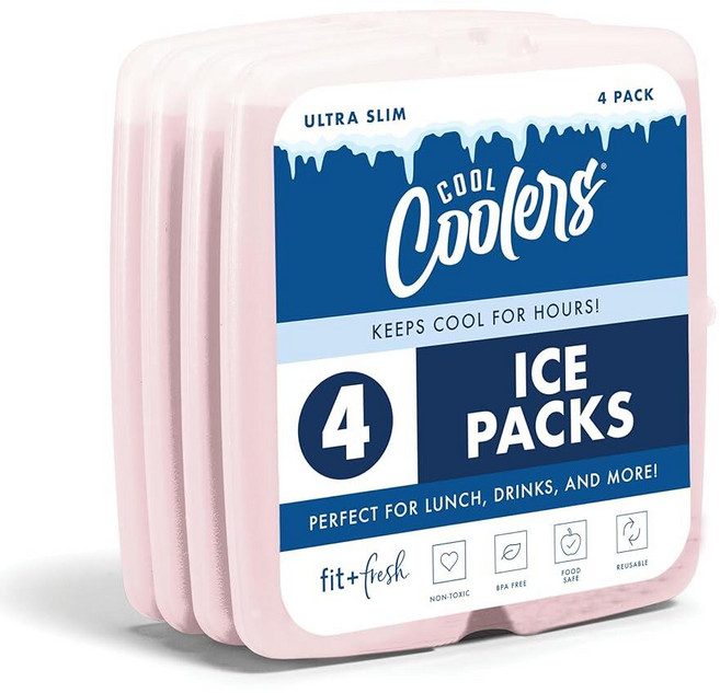 Cool Coolers by Fit + Fresh 리유저블 & 롱 라스팅 슬림 아이스 팩 4PK 클리어 블루, Light Pink (4 Pack)
