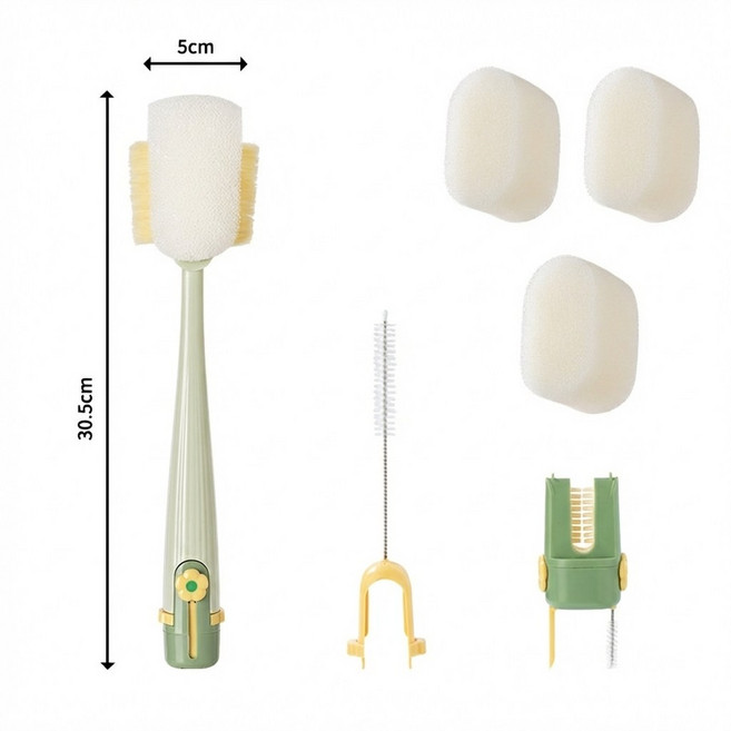 5 in 1 다기능 세척솔 컵 물병 틈새 텀블러 브러쉬 + 스펀지 리필 3개 포함, 그린, 1세트
