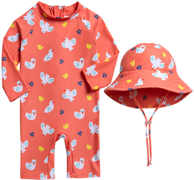 오로라 유아수영복 Bird 긴팔래쉬가드 썬햇 모자세트