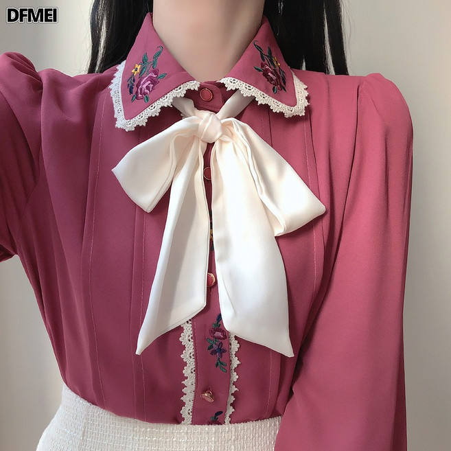 DFMEI 甜美刺繡花邊娃娃領蝴蝶結繫帶長袖襯衫上衣 優質 已質檢
