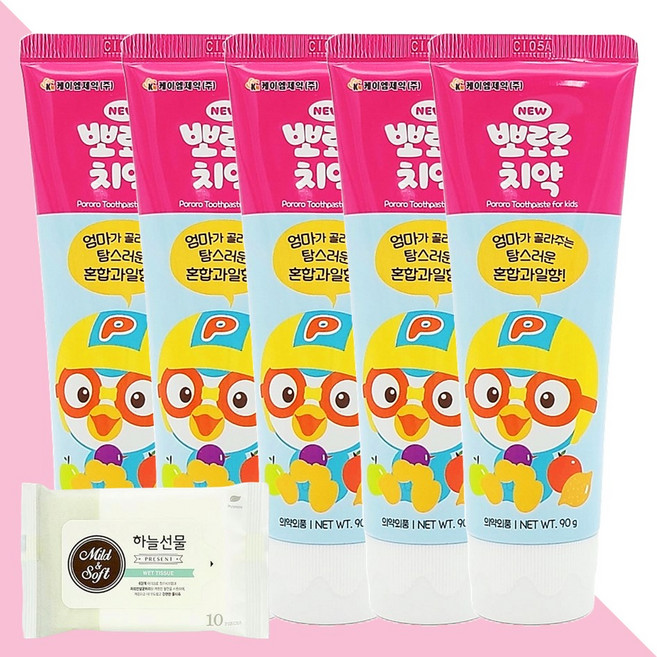 뉴 뽀로로 치약 혼합과일향 90g 5개(+하늘선물 물티슈 10매), 01 뽀로로 치약 혼합과일향 90g 5개