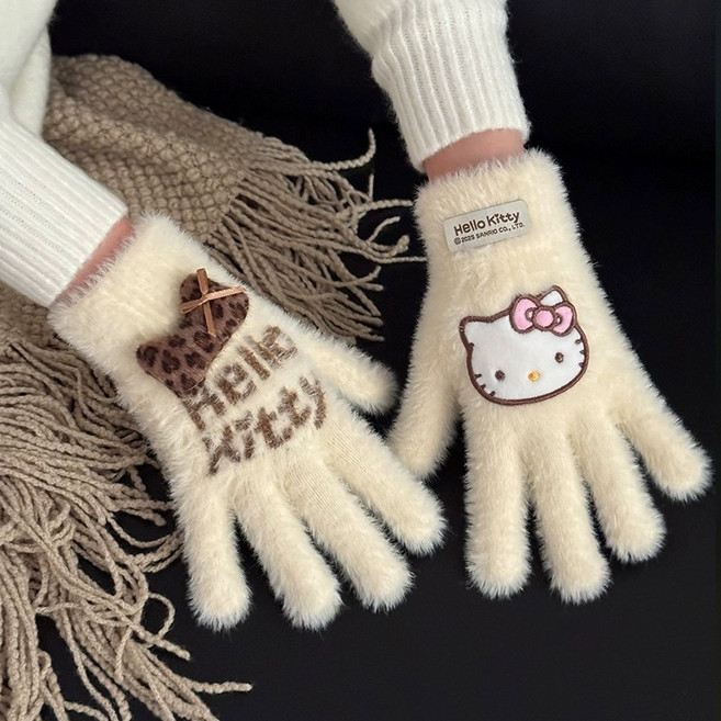 다나에 레오파드 리본 극세사 헬로키티 터치 다섯손가락 털장갑 +준펑이커머스 머리끈