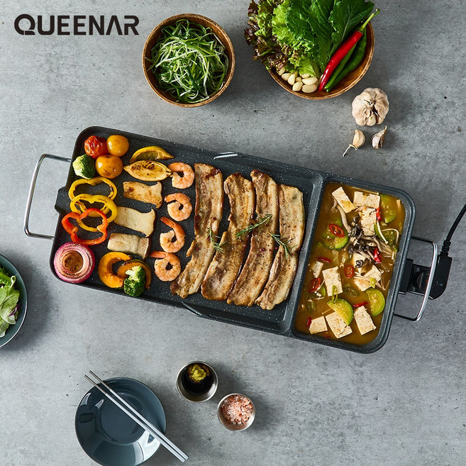 [퀸나] 2in1마블와이드전기그릴 QNGR-330 대형그릴 고기판 명절음식