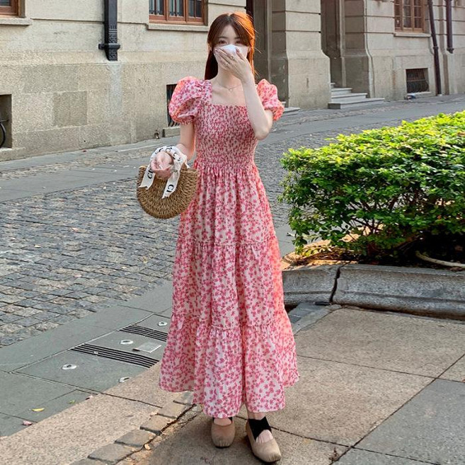 復古碎花泡泡袖方領蛋糕連衣裙 溫柔風甜美氣質新款, 粉红色