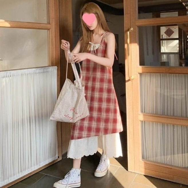 DFMEI 蕾絲拼接格子吊帶裙連衣裙女夏季新款清新寬鬆顯瘦假兩件裙子, L