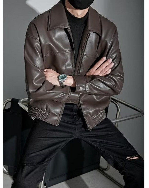 Neirny 남성 가죽 자켓 가을 겨울 소프트 레더 재킷 루즈핏 빅사이즈 캐주얼 도톰 코트