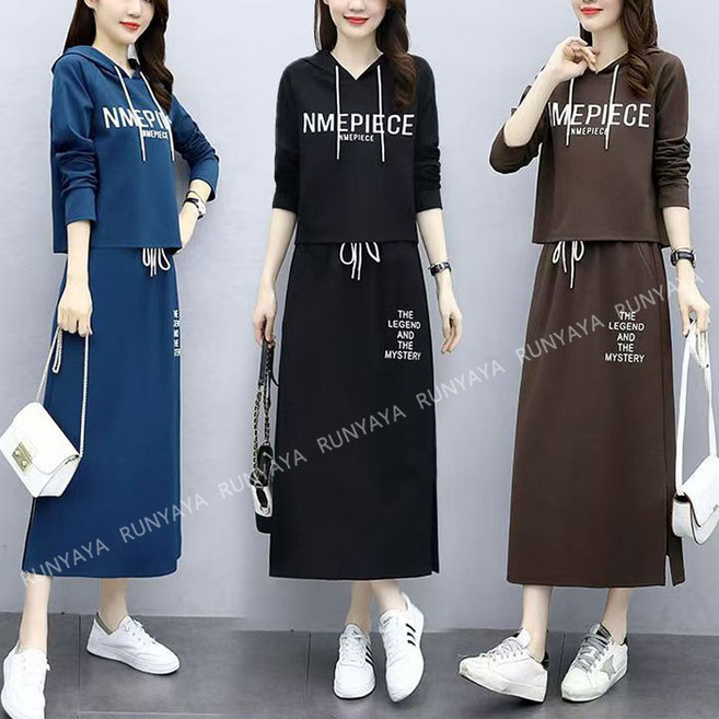 RUNYAYA 레터링 후드티 롱 스커트 상하 세트 여성 빅사이즈 루즈핏 프린트 크롭 맨투맨 티셔츠 + 하이웨스트 스커트 패션 여성 봄가을 상하세트 M-4XL