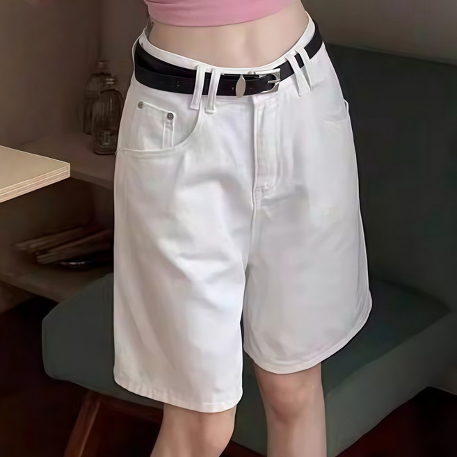 Makone 여성 데님 반바지 여름 하이웨이스트 스트레이트 와이드 5부바지 벨트없음