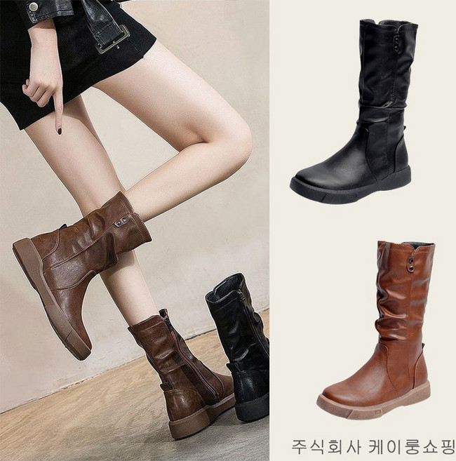 여성 편한 소가죽 빅사이즈 지퍼 셔링 미들부츠 앵클부츠 225-260 v5-87