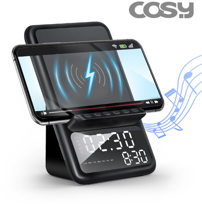 삼성 갤럭시 S26/S25/S24/S23/S22/S21/S20/S10 LED 알람시계 무선충전 거치대 블루투스 스피커, 블랙