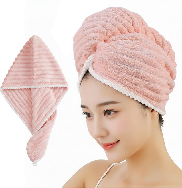 이몰리스 1+1 이중층 극세사 헤어 드라이타올 캡 긴머리 샤워수건 드라이수건, 2개, 연핑크