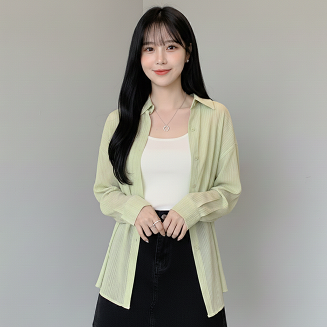 데일로엔 여성 여름 시스루 쉬폰 블라우스 긴팔 셔츠