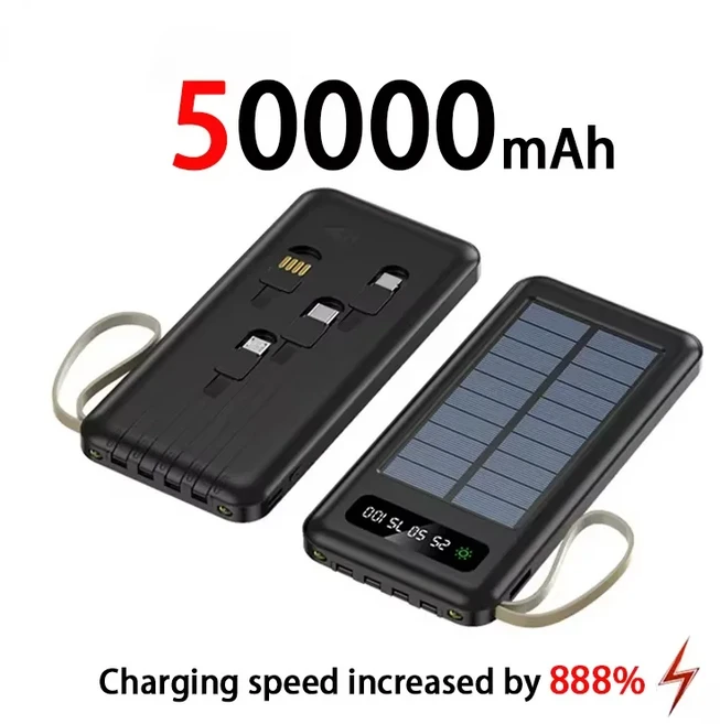 2026NEW 200000mAh 태양광 파워뱅크 대용량 모바일 파워 고속 충전 배터리 듀얼 USB 4개 케이블 포함 아이, 03 Black 50000mAh