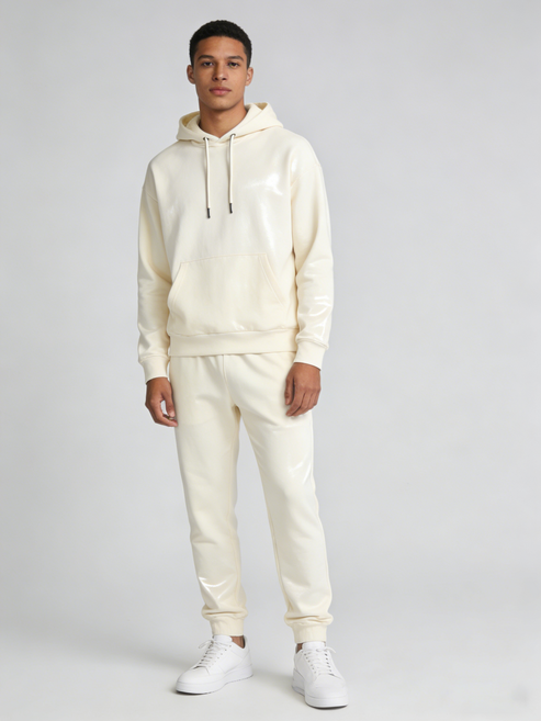 ANYOU 편안한 부드러운 후드 세트 아이보리 만능 캐주얼 홈웨어 외출용 상하의 투피스 세트