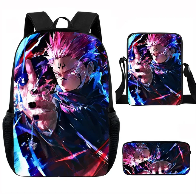 올스토어 J-Jujutsu Kaisen 3pcs 세트 배낭 40cm/15.7inch 학교 가방 숄더 백 연필 케이스 컴퓨터 책 소년