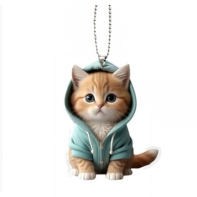 OFFCURVE 창의적인 아크릴 귀여운 강아지 귀여운 고양이 차량용 백미러 걸이 키링 겸용, 그린 후드 고양이, 1개