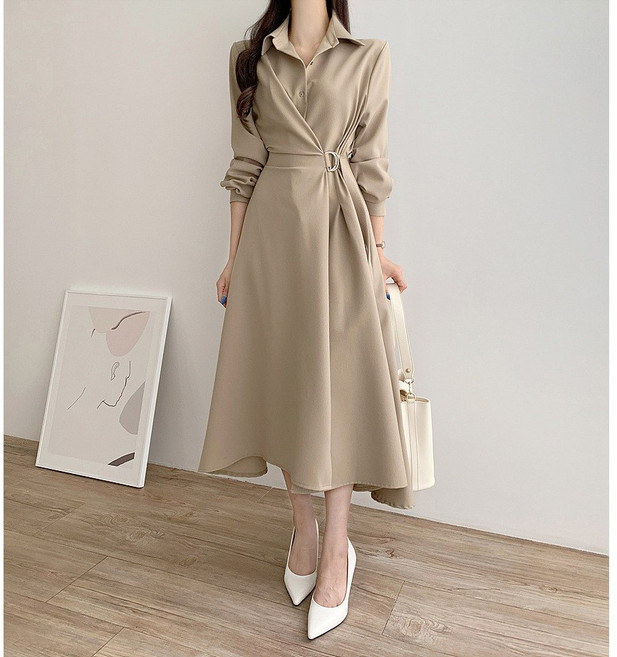 NewCare 여성 카라 셔츠 롱 원피스 랩 링 플레어 긴팔 봄가을